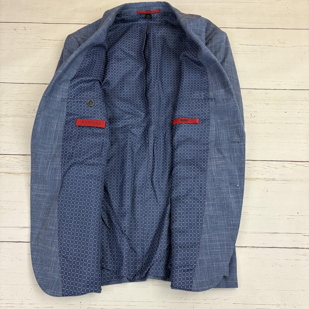 Hugo Boss Blazer Sport Coat Mens 38R Blue Check Wool Cotton Linen Tweed Marlane - Picture 4 of 16